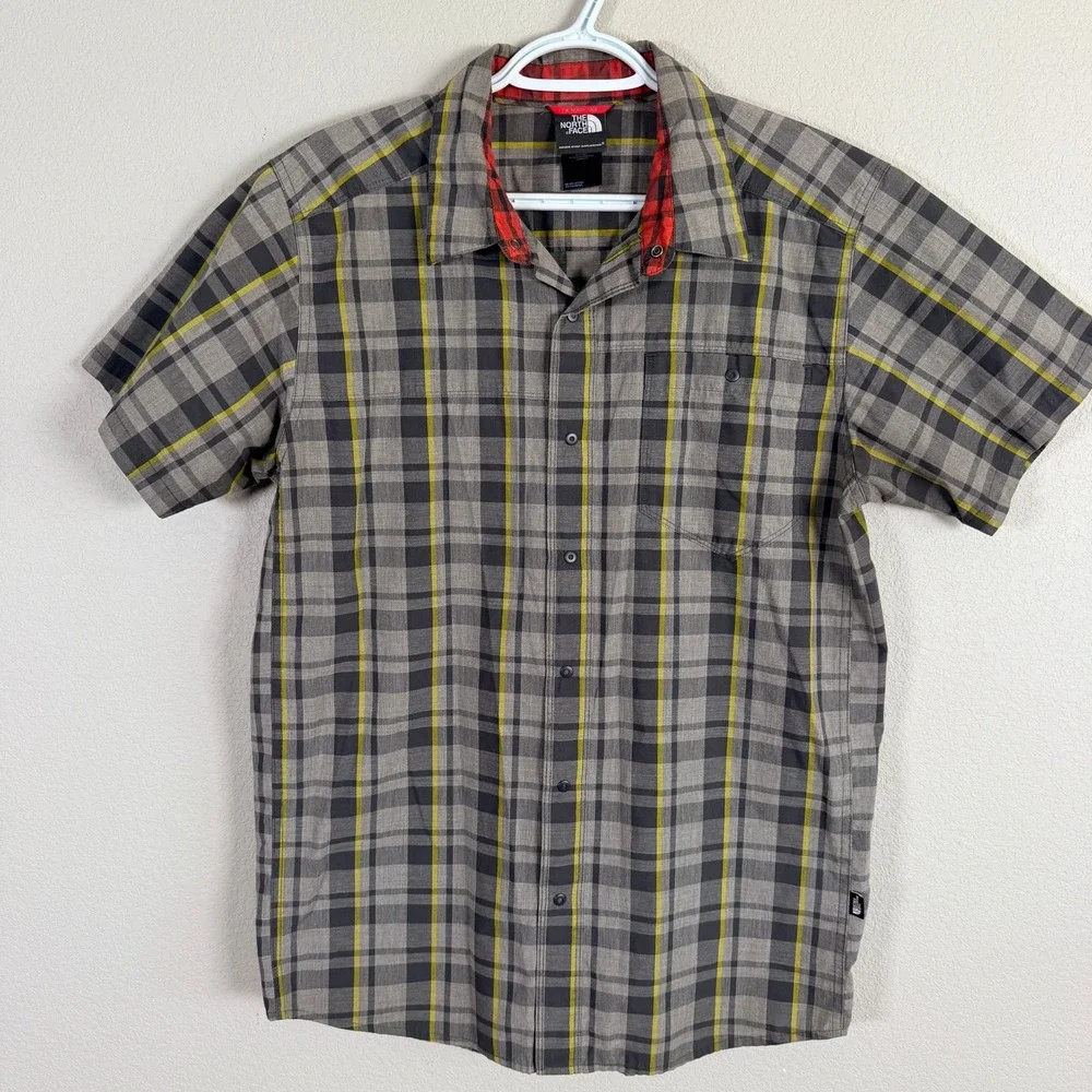 The North Face Plaid Shirt Snaps‎ Up Mens M Grey Yellow Plaid Short Sleeve